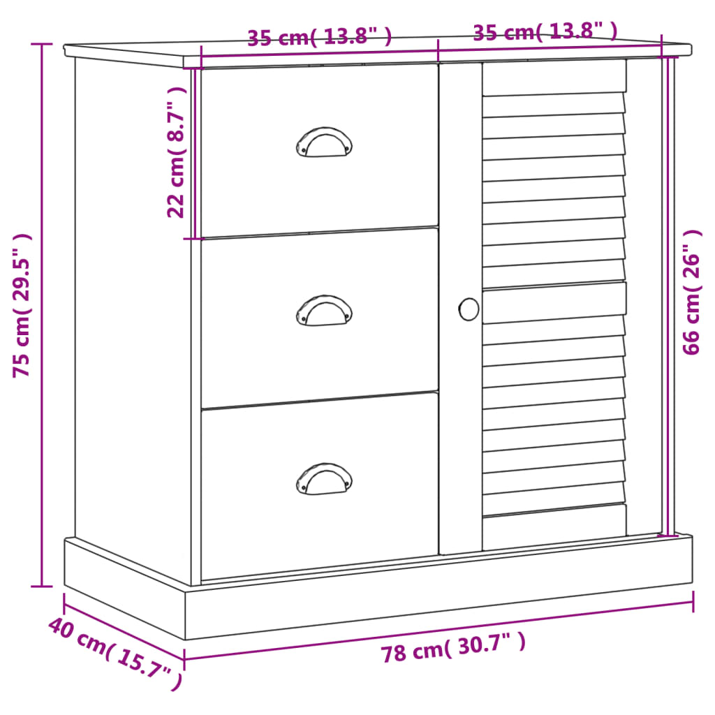 Credenza con Cassetti VIGO 78x40x75cm Legno Massello Pino - homemem39