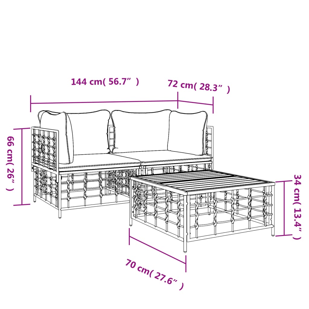 Set Divani da Giardino 3 pz con Cuscini Antracite in Polyrattan - homemem39