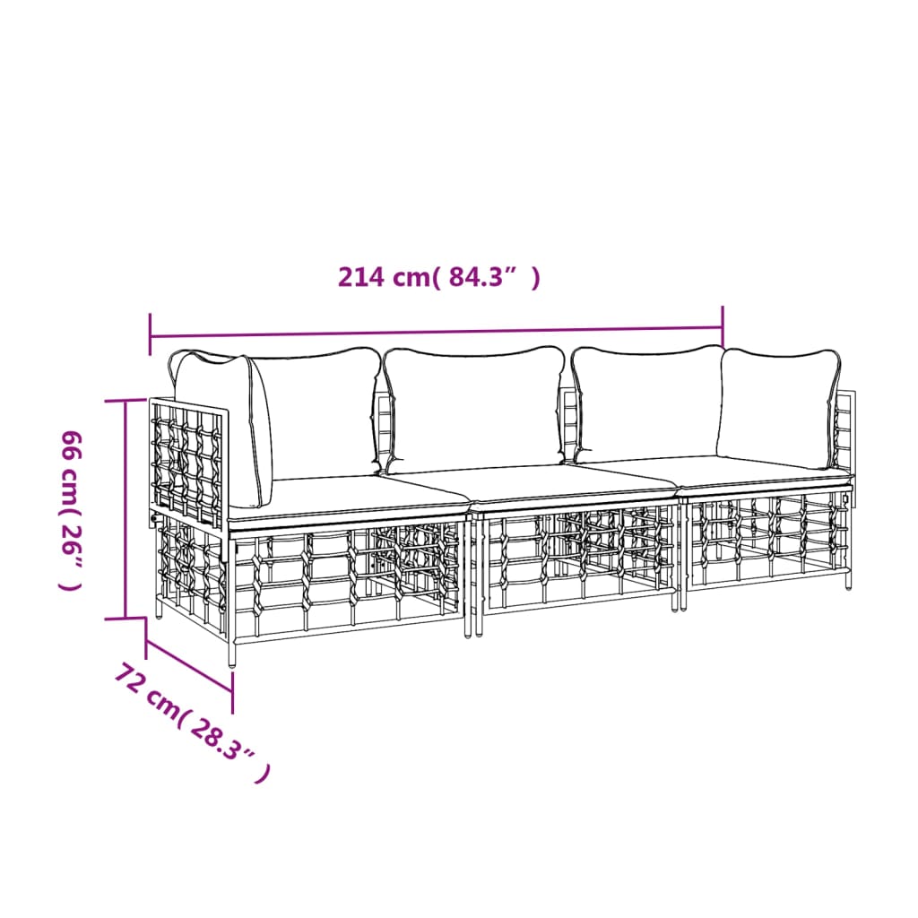 Set Divani da Giardino 3 pz con Cuscini Antracite in Polyrattan - homemem39