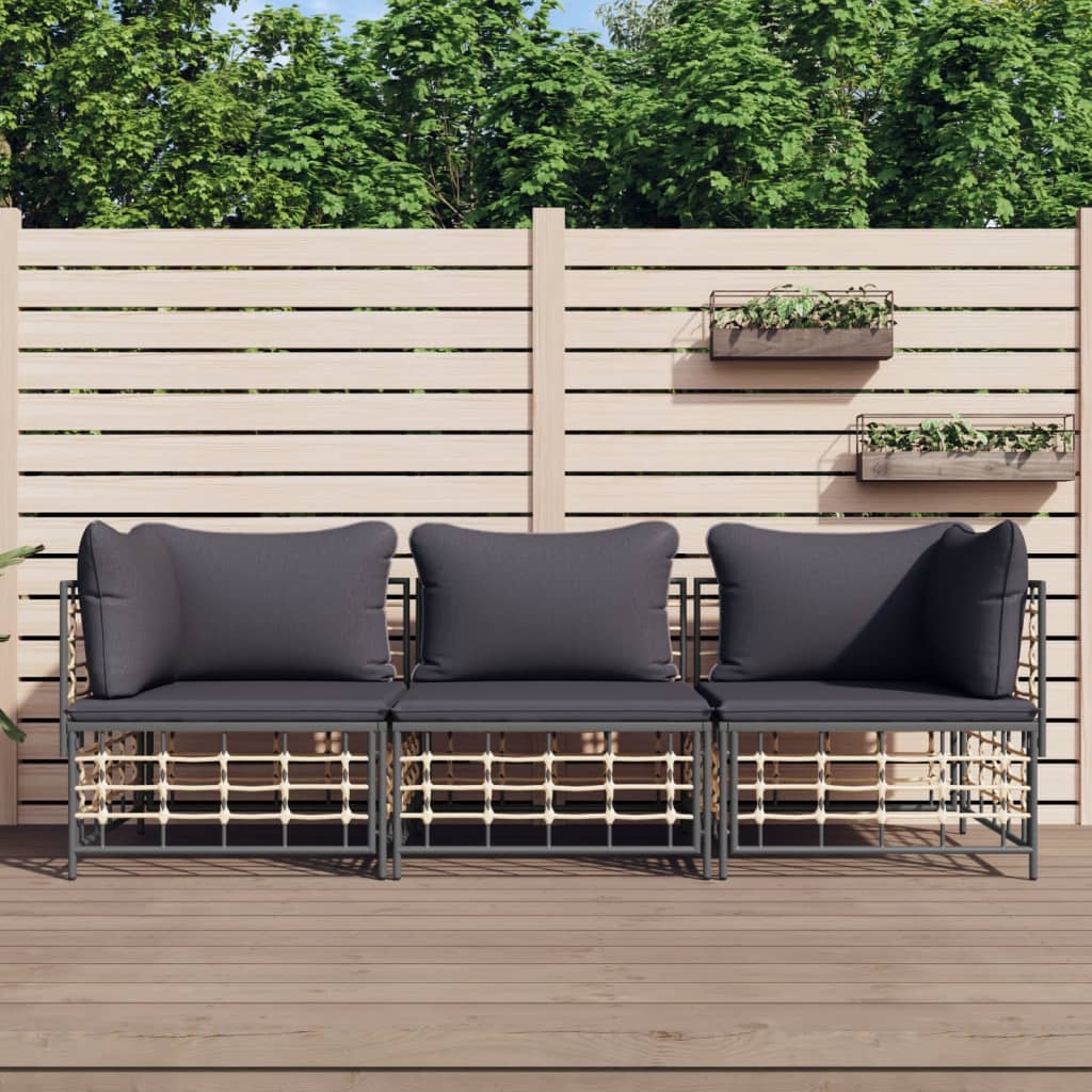 Set Divani da Giardino 3 pz con Cuscini Antracite in Polyrattan - homemem39