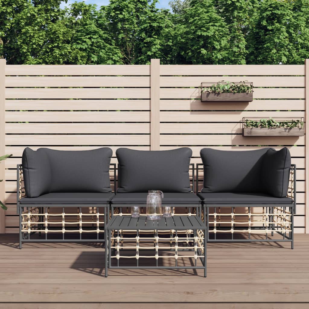 Set Divani da Giardino 4 pz con Cuscini Antracite in Polyrattan - homemem39