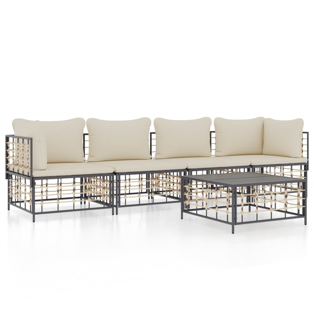 Set Divani da Giardino 5 pz con Cuscini Antracite in Polyrattan - homemem39