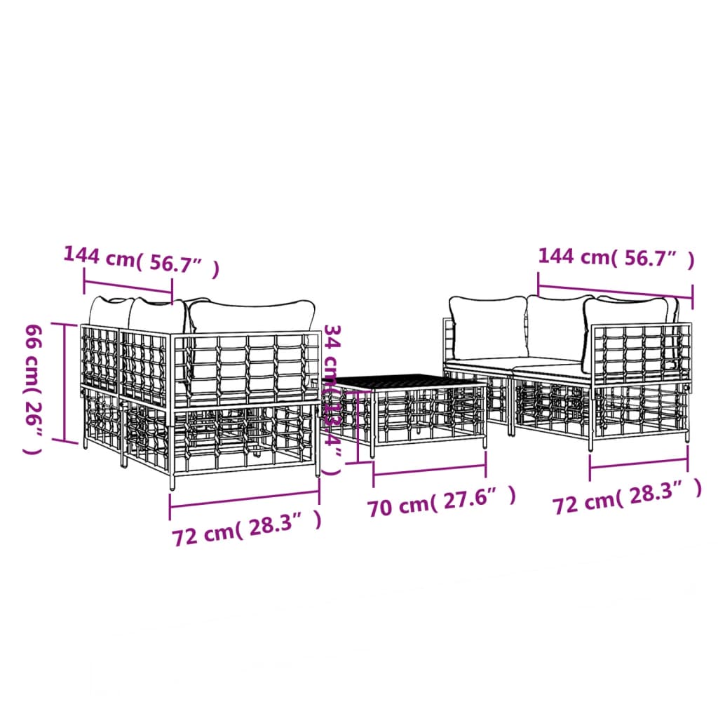 Set Divani da Giardino 5 pz con Cuscini Antracite in Polyrattan - homemem39