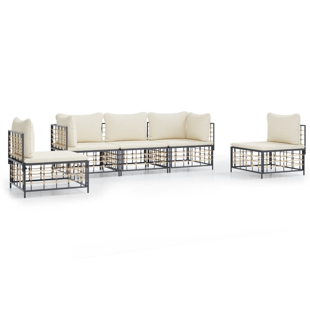 Set Divani da Giardino 5 pz con Cuscini Antracite in Polyrattan - homemem39