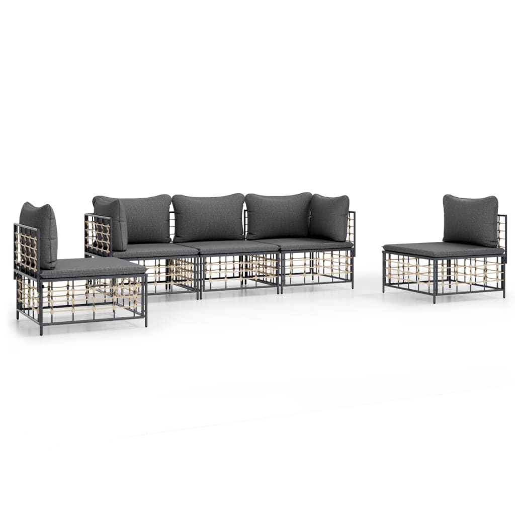 Set Divani da Giardino 5 pz con Cuscini Antracite in Polyrattan - homemem39