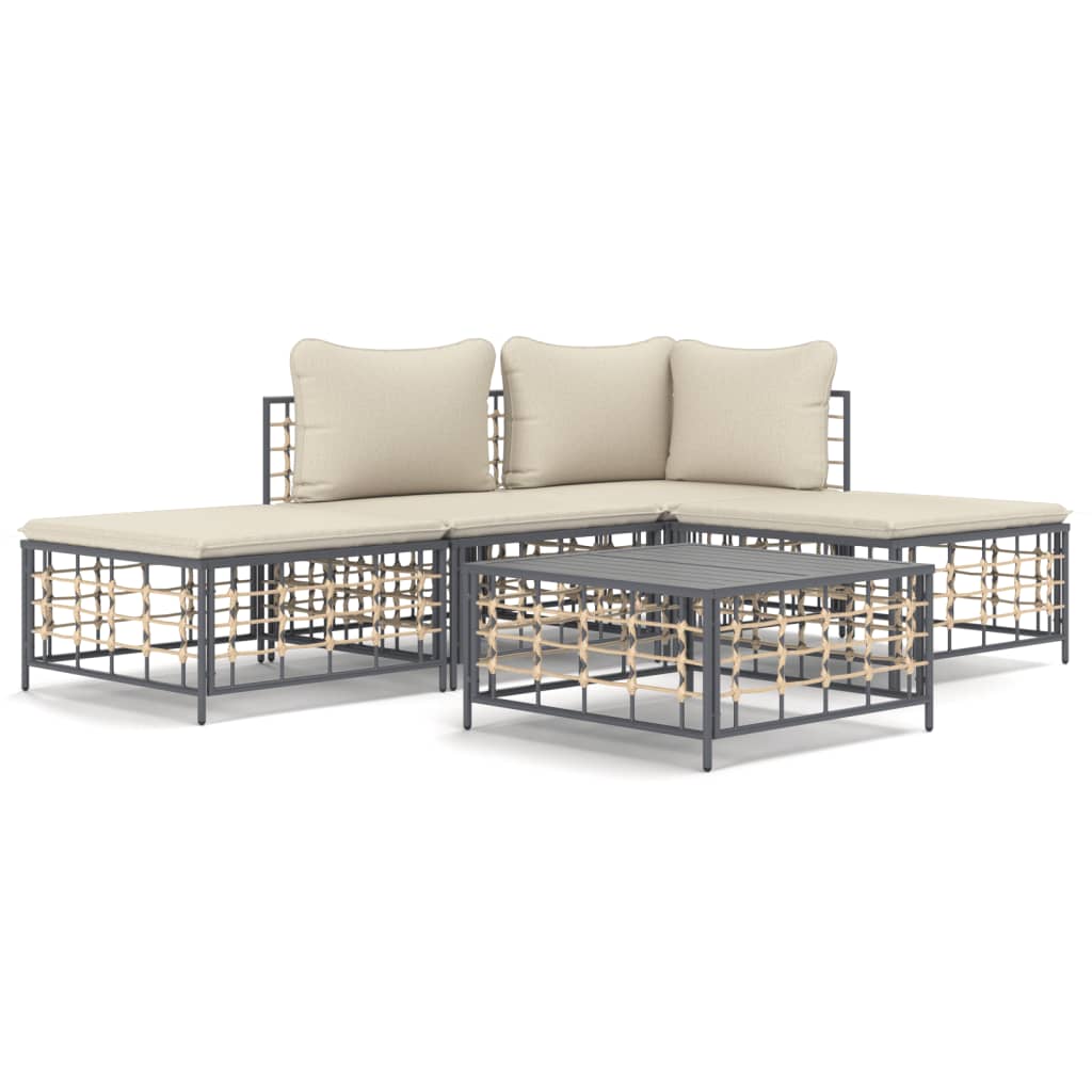 Set Divani da Giardino 5 pz con Cuscini Antracite in Polyrattan - homemem39