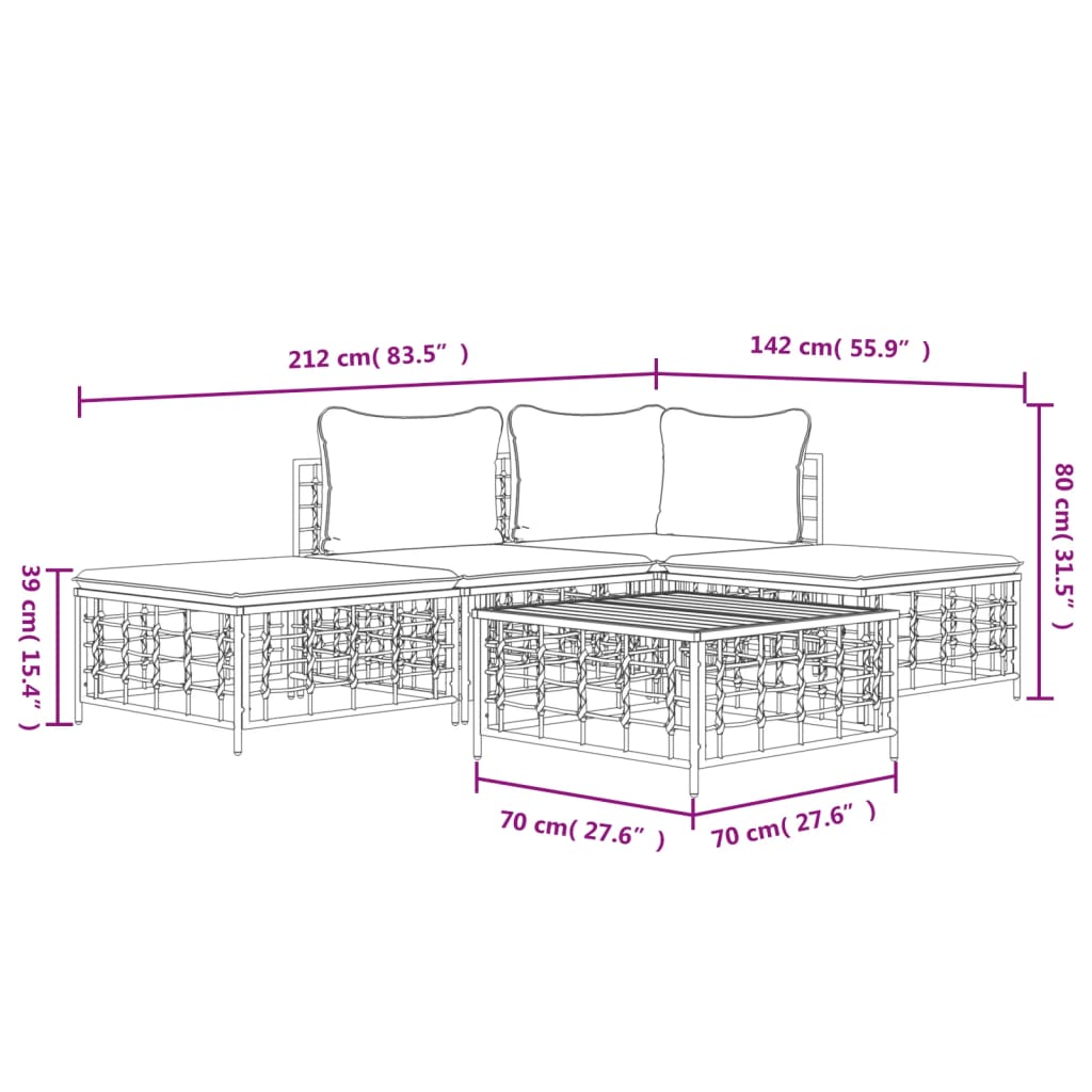 Set Divani da Giardino 5 pz con Cuscini Antracite in Polyrattan - homemem39