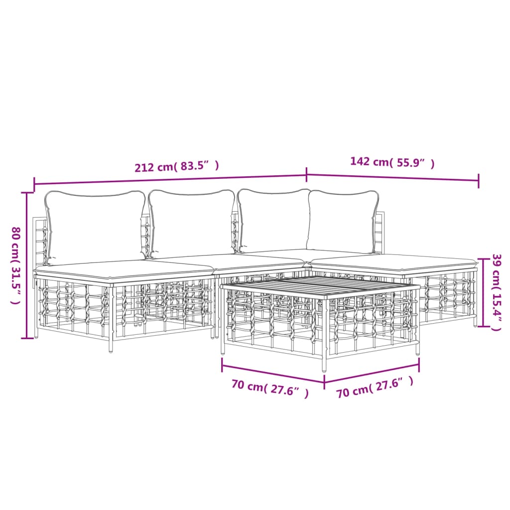 Set Divani da Giardino 5 pz con Cuscini Antracite in Polyrattan - homemem39