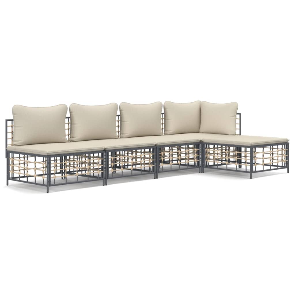 Set Divani da Giardino 5 pz con Cuscini Antracite in Polyrattan - homemem39