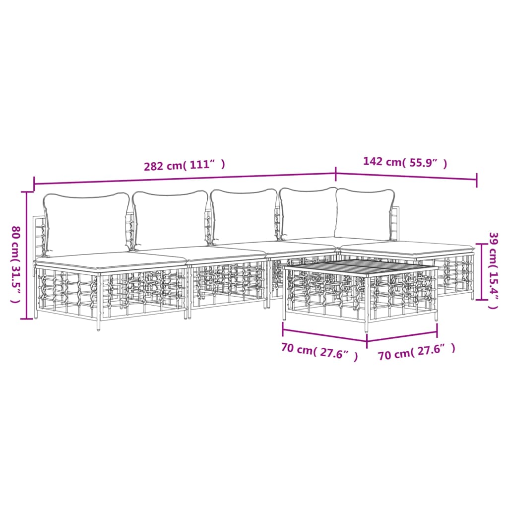 Set Divani da Giardino 6 pz con Cuscini Antracite in Polyrattan - homemem39