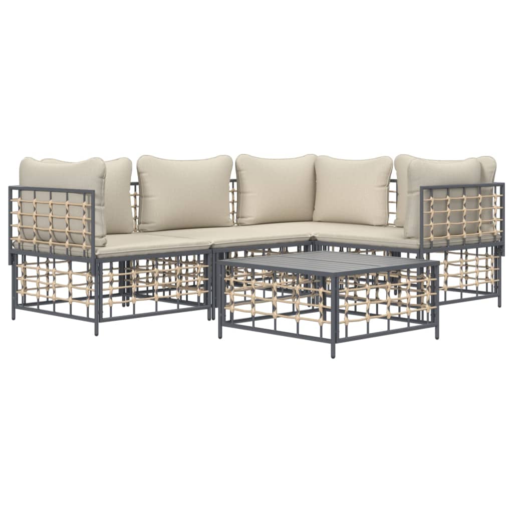 Set Divani da Giardino 5 pz con Cuscini Antracite in Polyrattan - homemem39