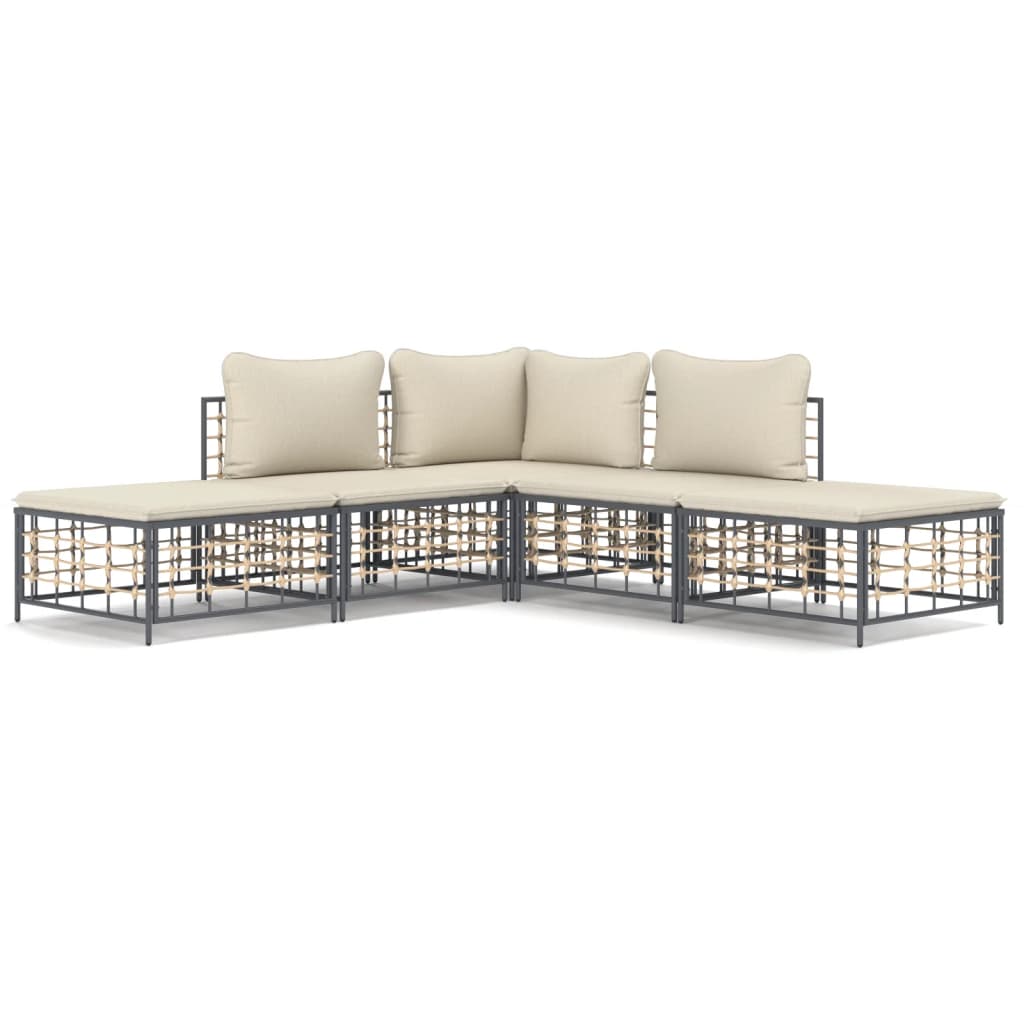 Set Divani da Giardino 5 pz con Cuscini Antracite in Polyrattan - homemem39