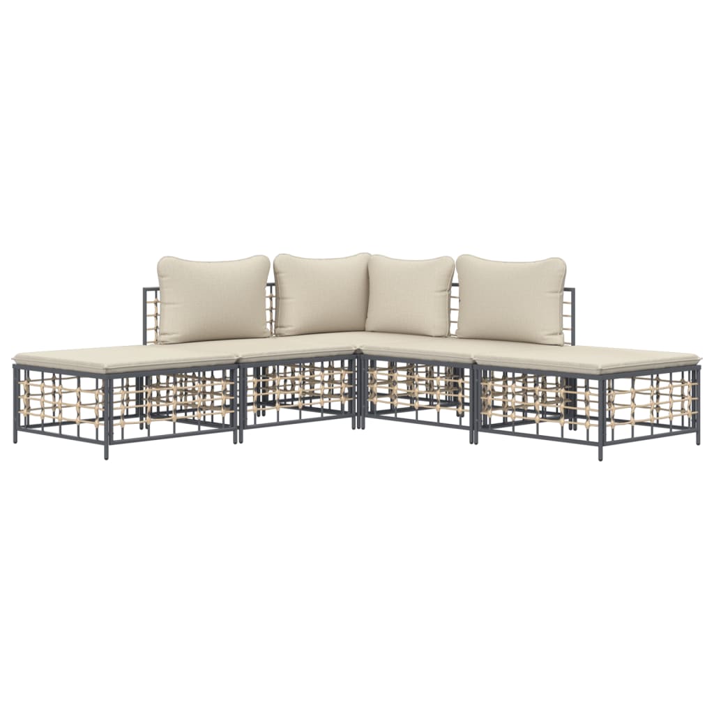 Set Divani da Giardino 5 pz con Cuscini Antracite in Polyrattan - homemem39