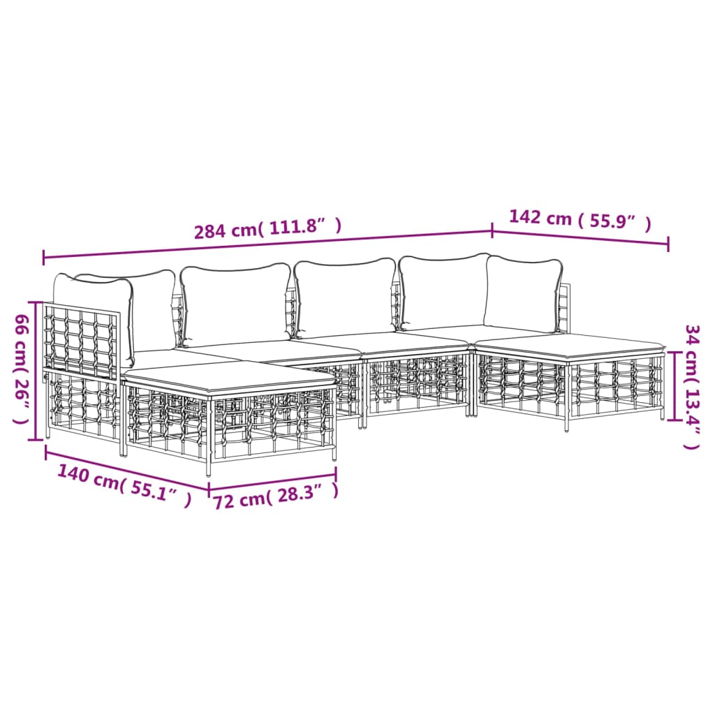 Set Divani da Giardino 6 pz con Cuscini Antracite in Polyrattan - homemem39