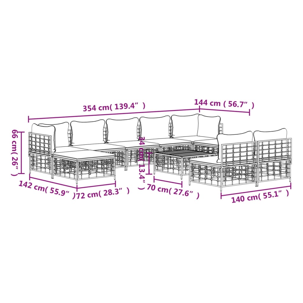 Set Divani da Giardino 10pz con Cuscini Antracite in Polyrattan - homemem39