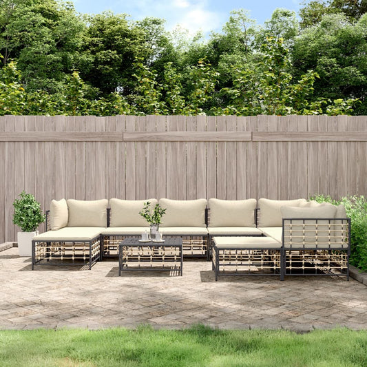 Set Divani da Giardino 10pz con Cuscini Antracite in Polyrattan - homemem39