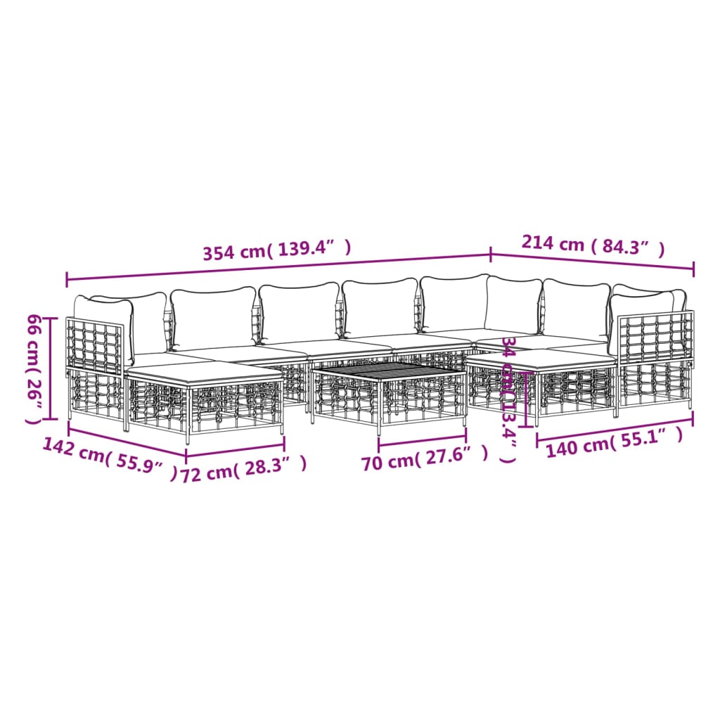 Set Divani da Giardino 10pz con Cuscini Antracite in Polyrattan - homemem39