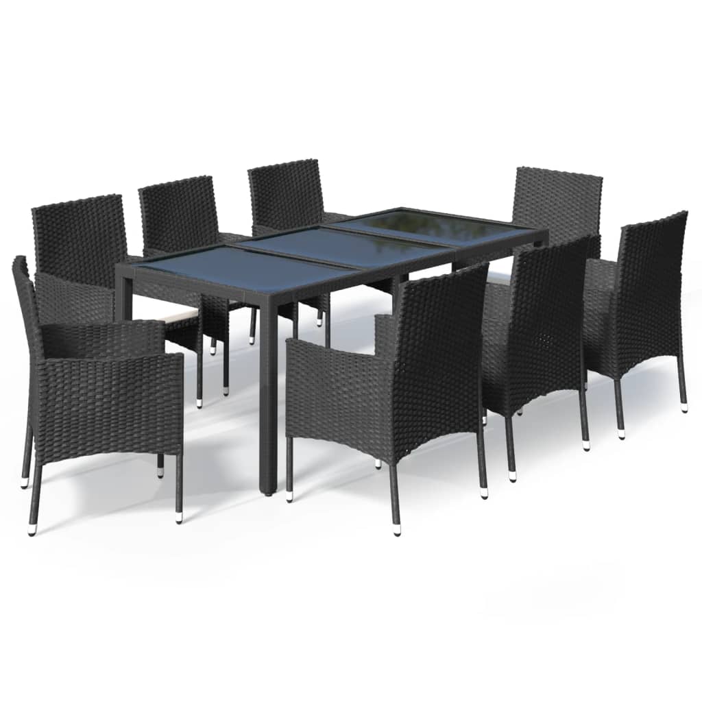 Set da Pranzo da Giardino 9 pz con Cuscini Nero in Polyrattan - homemem39