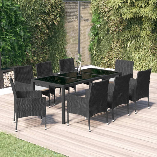 Set da Pranzo da Giardino 9 pz con Cuscini Nero in Polyrattan - homemem39