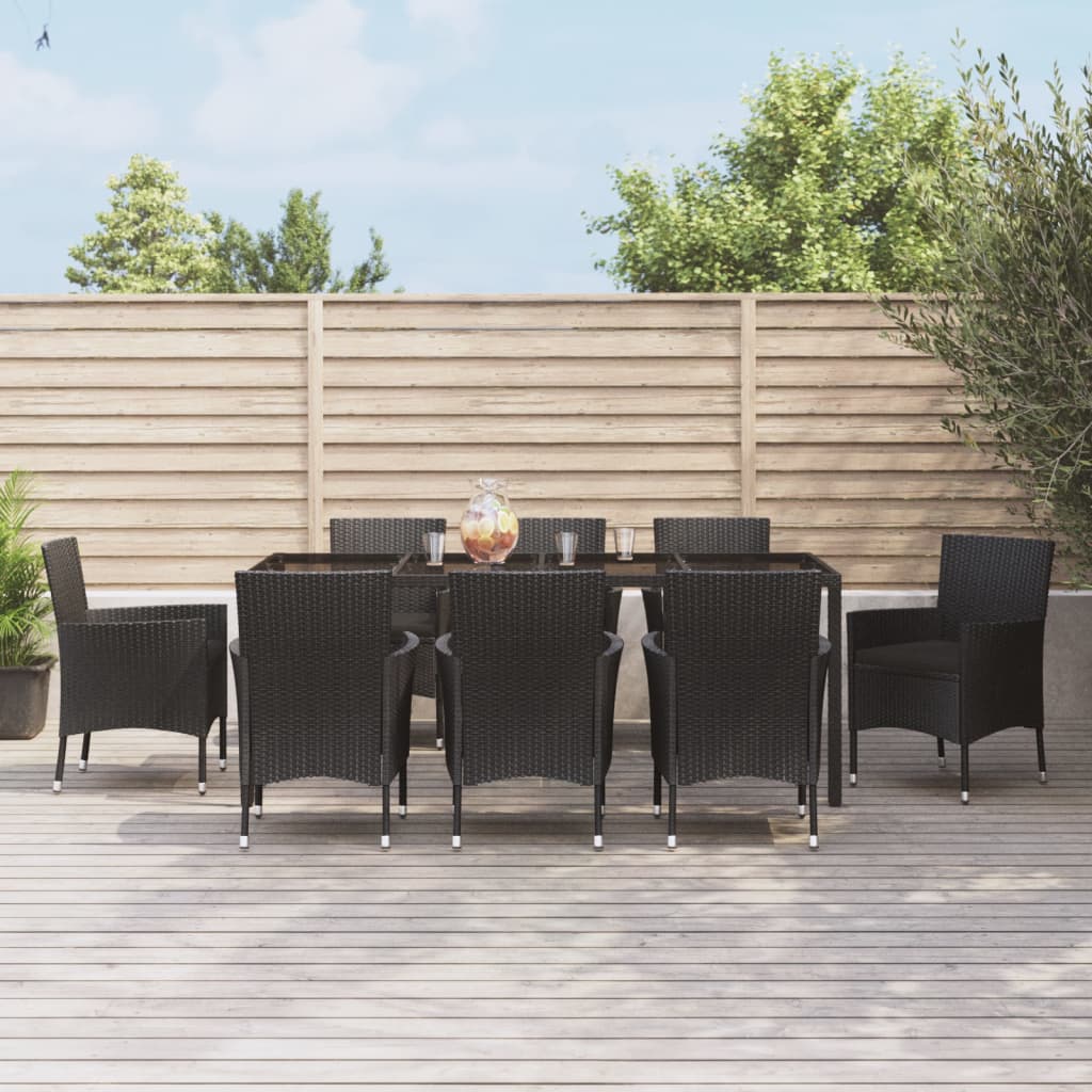 Set da Pranzo da Giardino 9 pz con Cuscini Nero in Polyrattan - homemem39