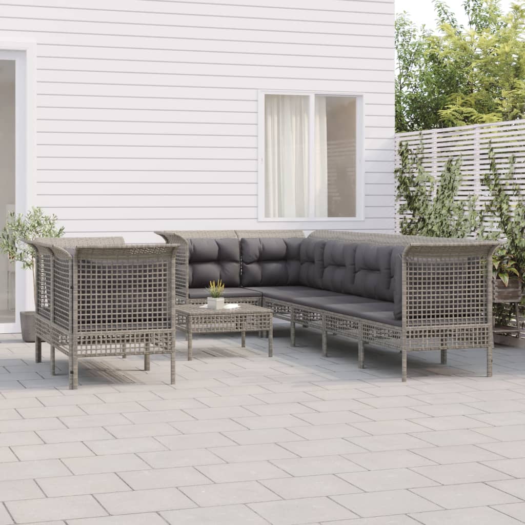 Set Divani da Giardino 9 pz con Cuscini in Polyrattan Grigio - homemem39