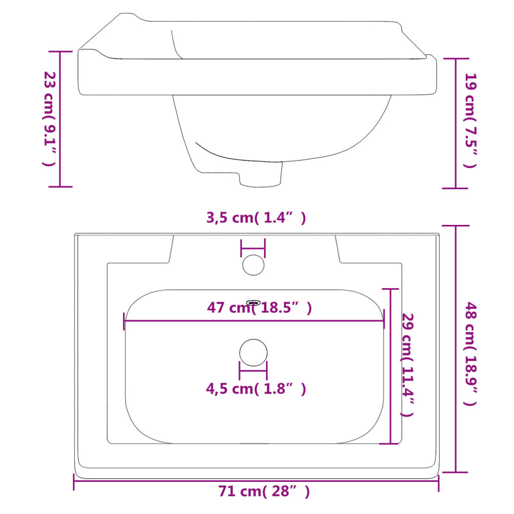 Lavandino da Bagno Bianco 71x48x23 cm Rettangolare in Ceramica - homemem39