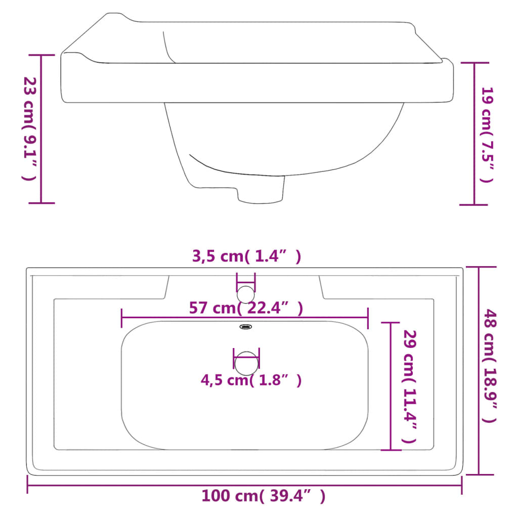 Lavandino da Bagno Bianco 100x48x23 cm Rettangolare in Ceramica - homemem39