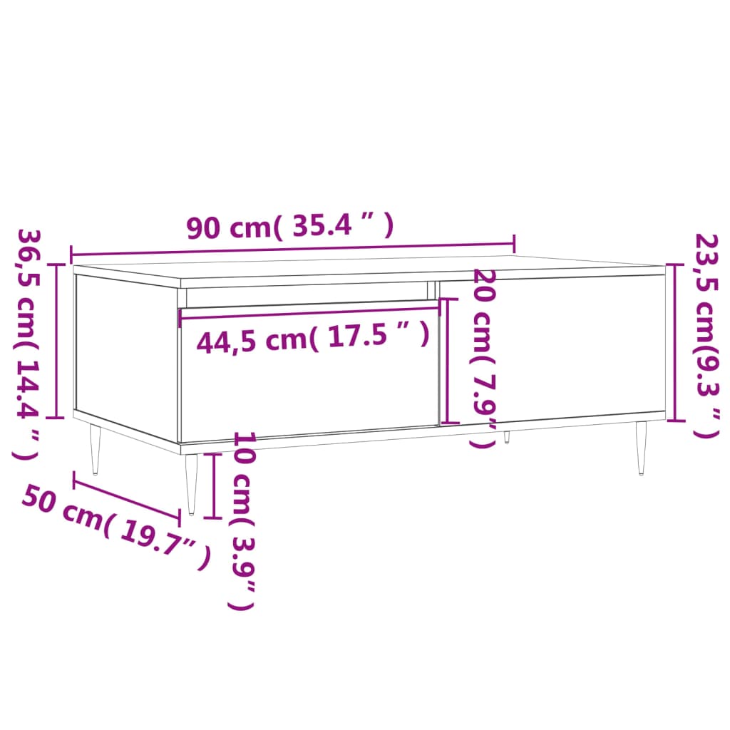 Tavolino Salotto Bianco Lucido 90x50x36,5 cm Legno Multistrato - homemem39