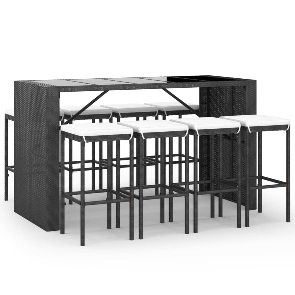 Set Bar da Giardino 9 pz con Cuscini in Polyrattan Nero - homemem39