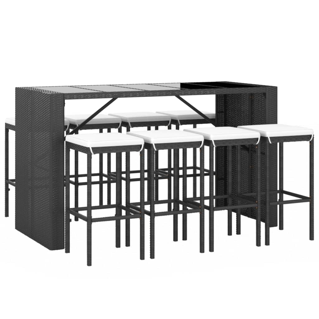 Set Bar da Giardino 9 pz con Cuscini in Polyrattan Nero - homemem39