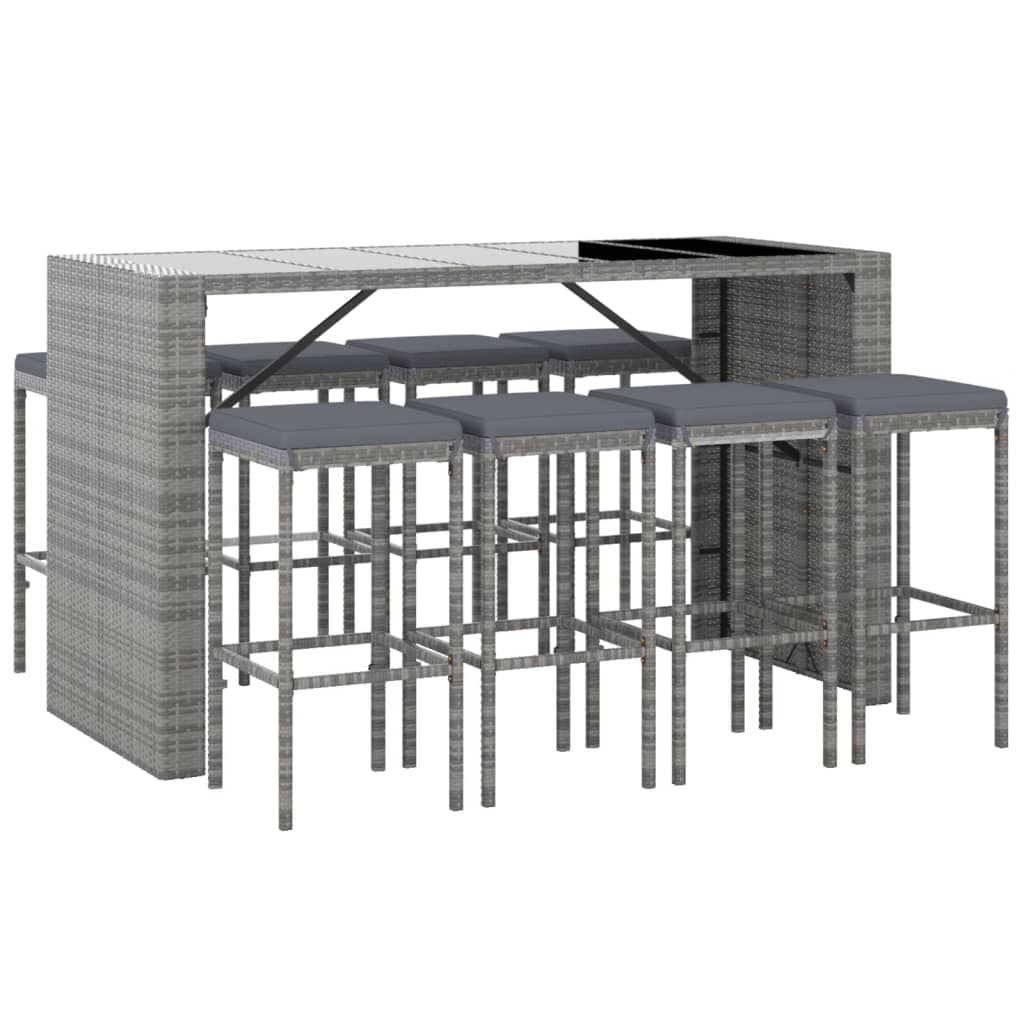 Set Bar da Giardino 9 pz con Cuscini in Polyrattan Grigio - homemem39