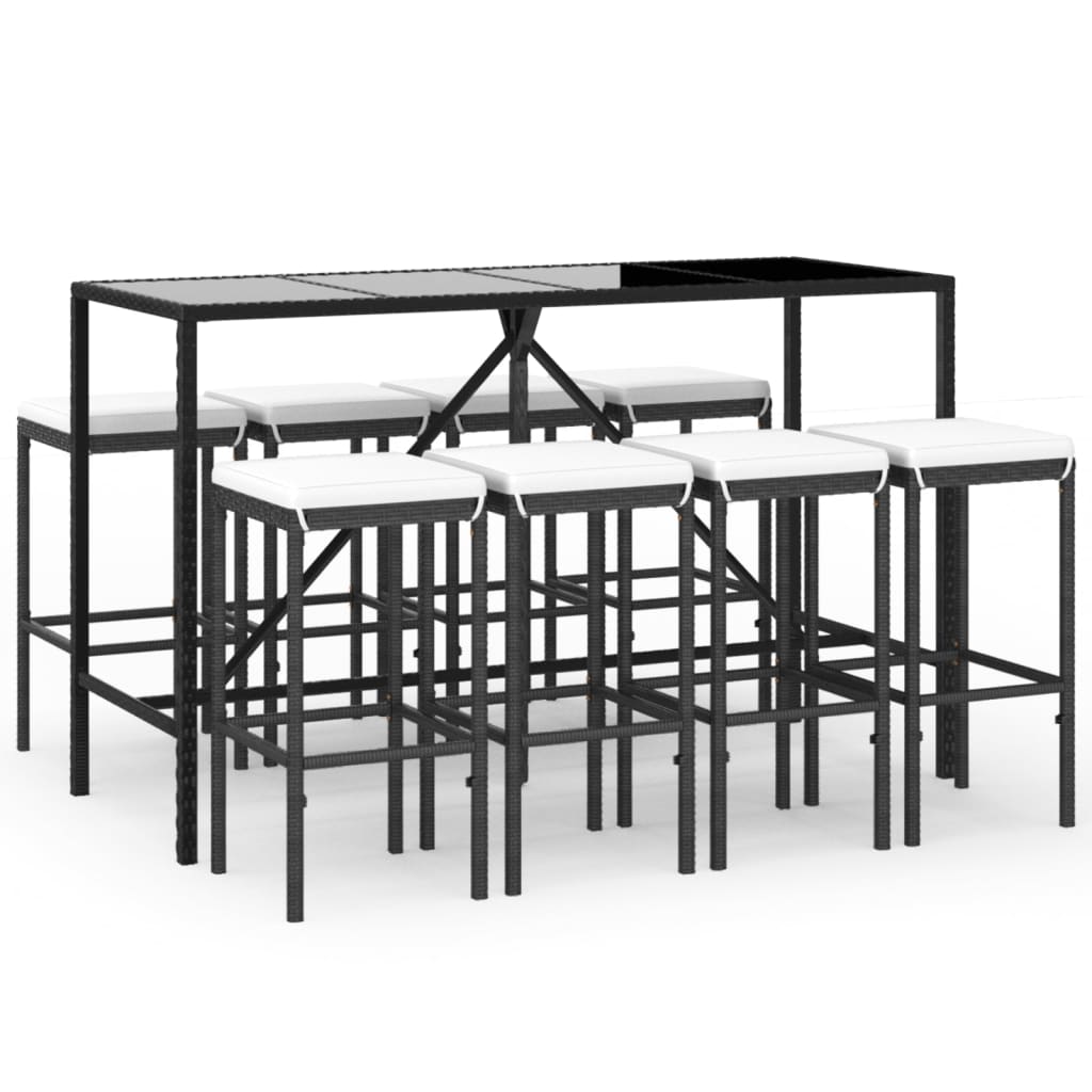 Set Bar da Giardino 9 pz con Cuscini in Polyrattan Nero - homemem39