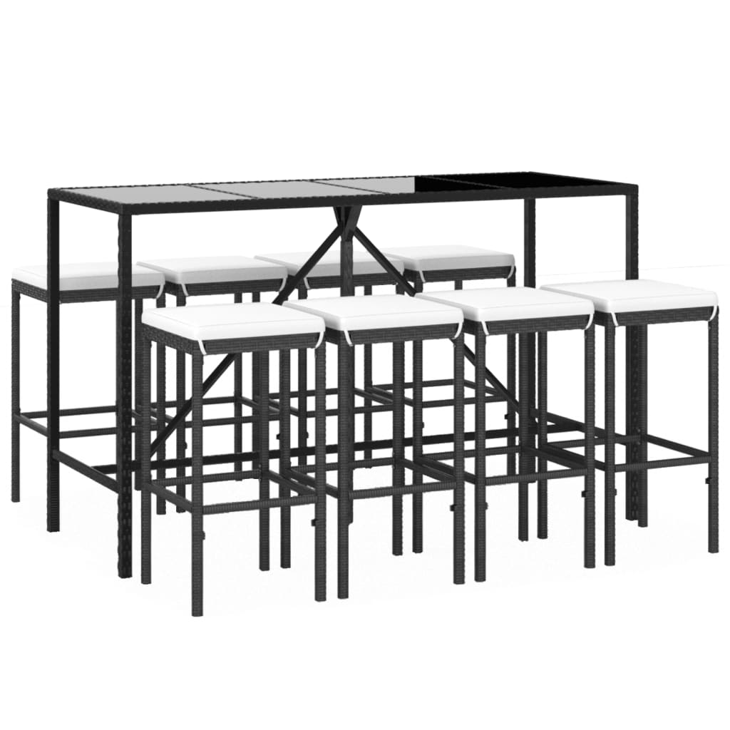 Set Bar da Giardino 9 pz con Cuscini in Polyrattan Nero - homemem39