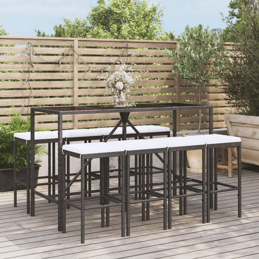 Set Bar da Giardino 9 pz con Cuscini in Polyrattan Nero - homemem39