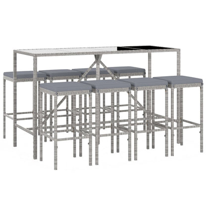 Set Bar da Giardino 9 pz con Cuscini in Polyrattan Grigio - homemem39