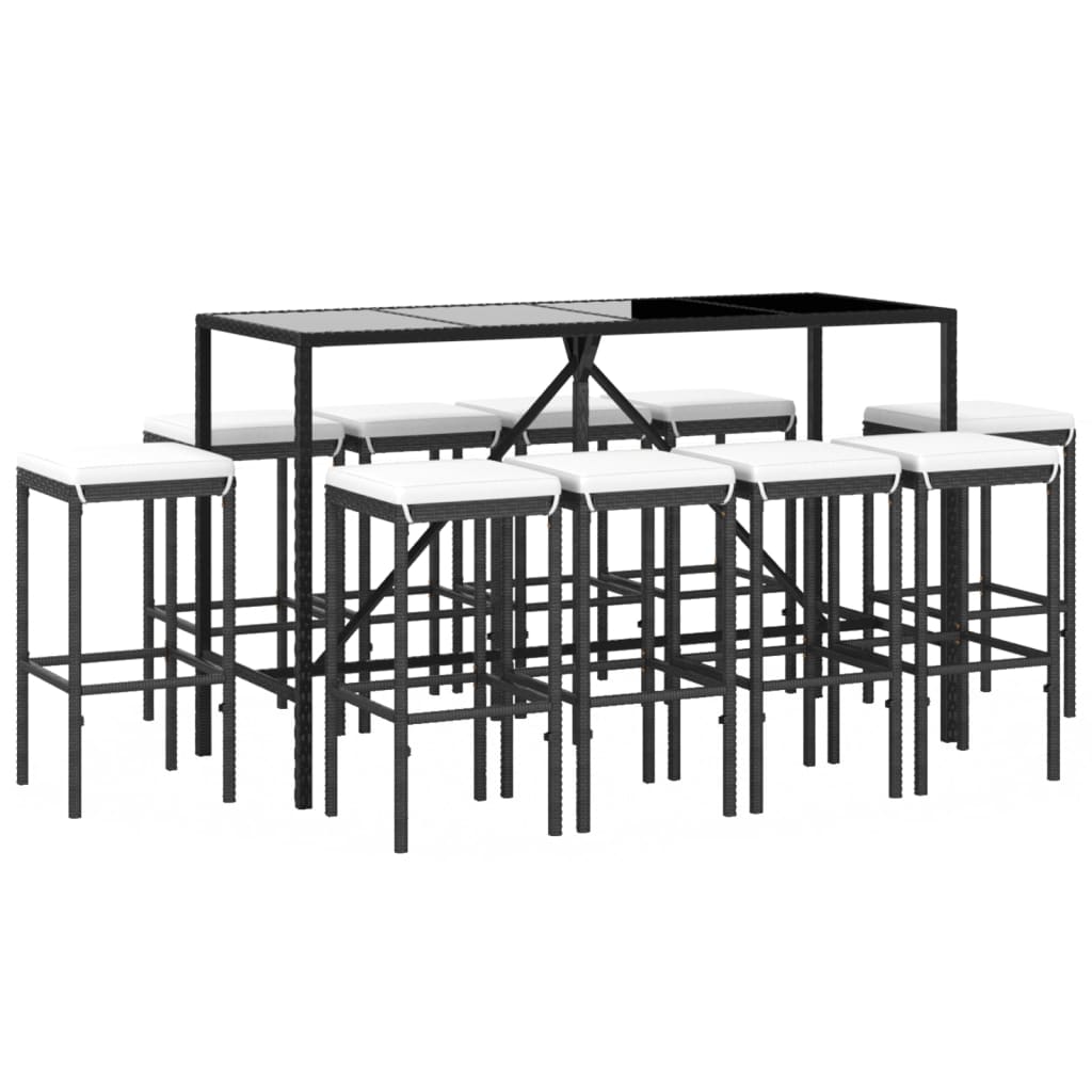 Set Bar da Giardino 11 pz con Cuscini in Polyrattan Nero - homemem39