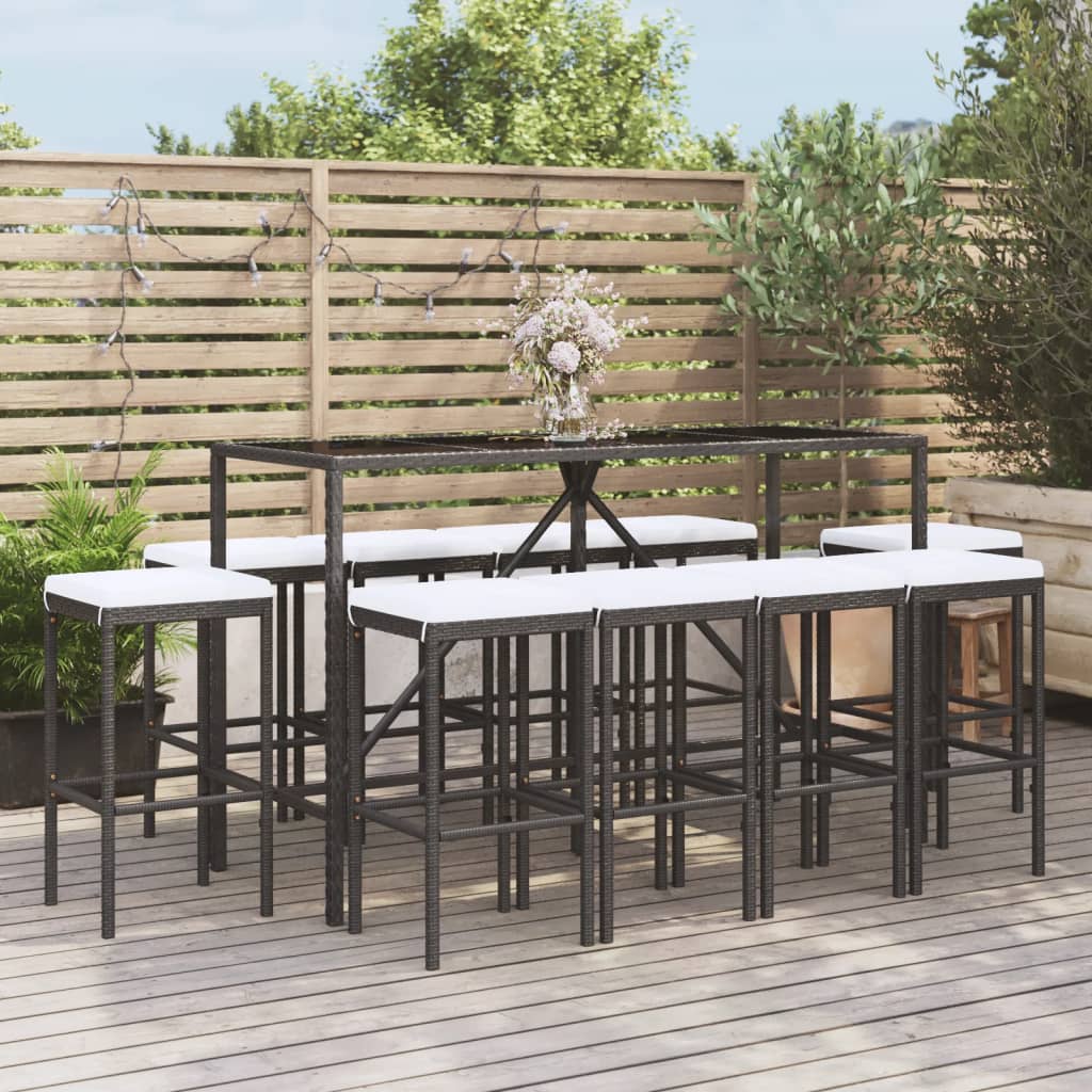 Set Bar da Giardino 11 pz con Cuscini in Polyrattan Nero - homemem39