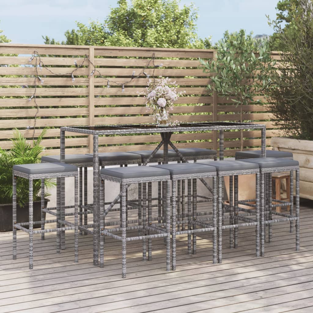 Set Bar da Giardino 11 pz con Cuscini in Polyrattan Grigio - homemem39