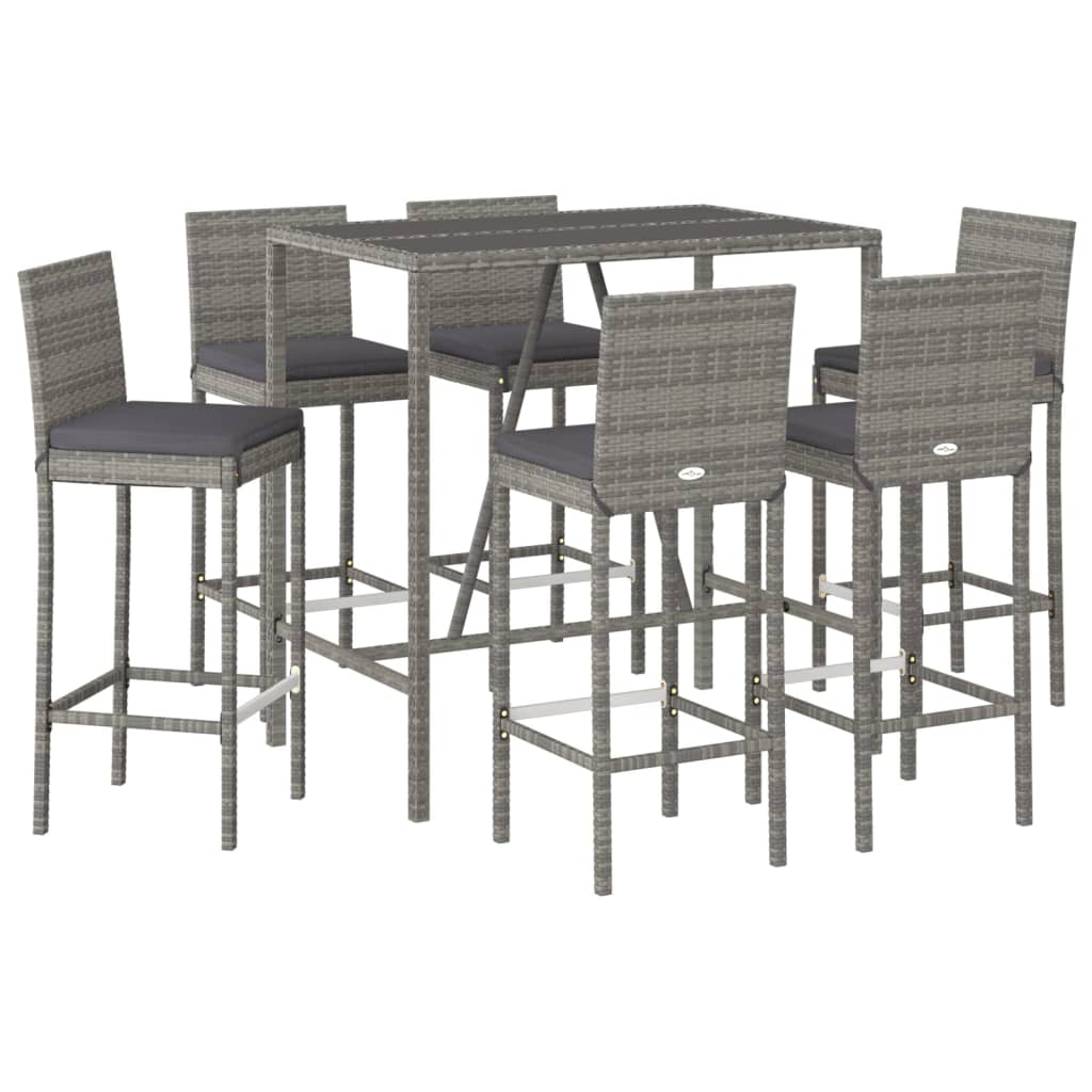 Set Bar da Giardino 7 pz con Cuscini in Polyrattan Grigio - homemem39