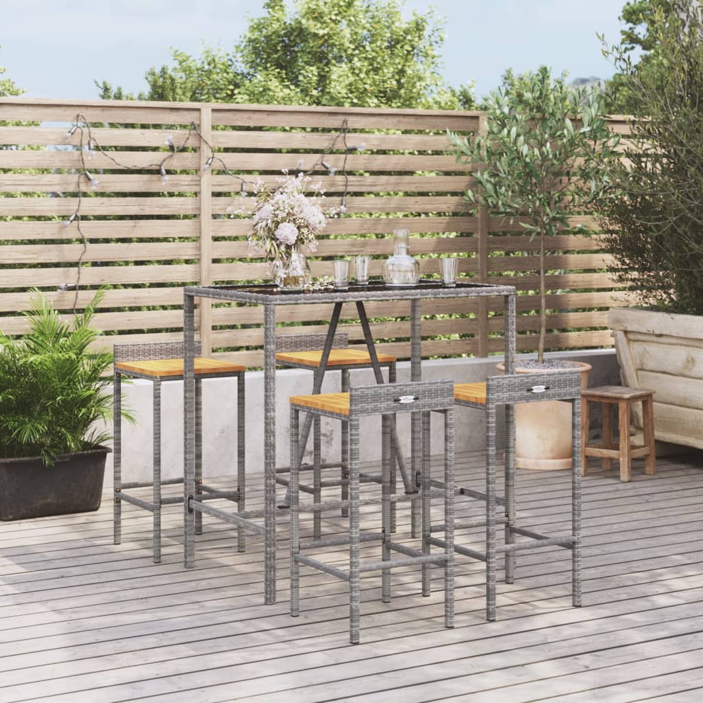 Set Bar Giardino 5pz Grigio Polyrattan e Legno Massello Acacia - homemem39