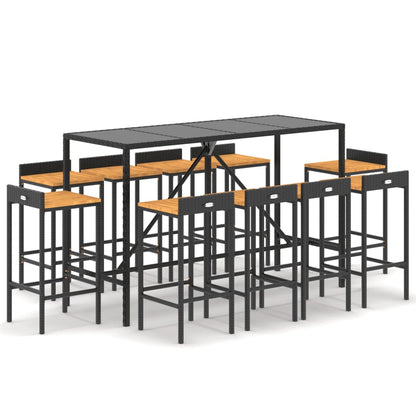 Set Bar Giardino 11 pz Nero Polyrattan e Legno Massello Acacia - homemem39