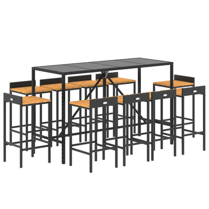 Set Bar Giardino 11 pz Nero Polyrattan e Legno Massello Acacia - homemem39