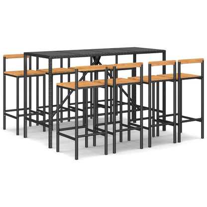 Set Bar Giardino 9 pz Nero Polyrattan e Legno Massello Acacia - homemem39