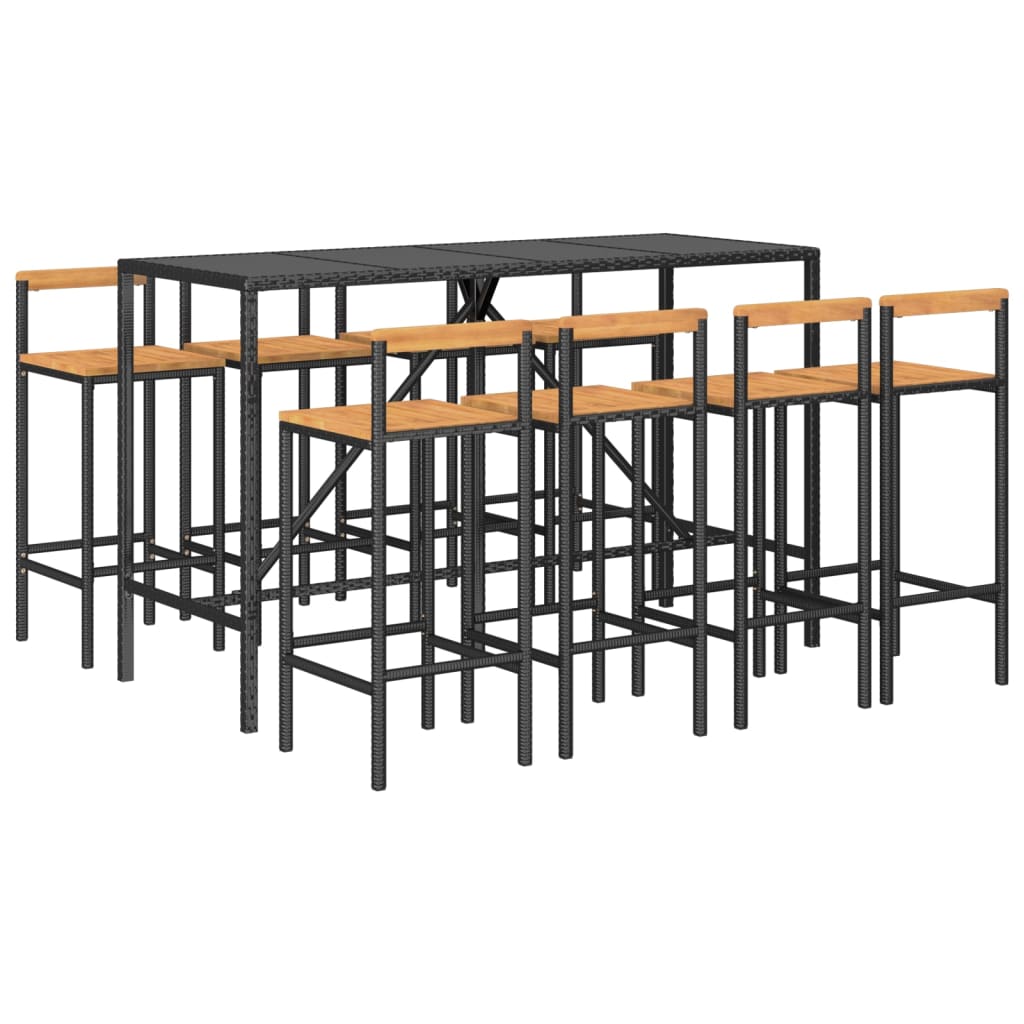 Set Bar Giardino 9 pz Nero Polyrattan e Legno Massello Acacia - homemem39