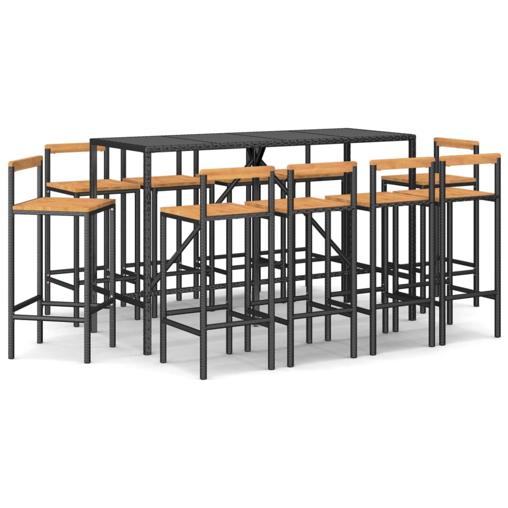 Set Bar Giardino 11 pz Nero Polyrattan e Legno Massello Acacia - homemem39