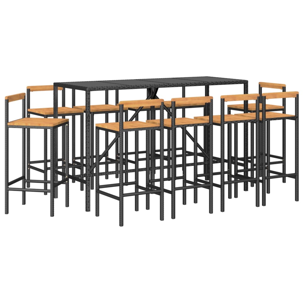 Set Bar Giardino 11 pz Nero Polyrattan e Legno Massello Acacia - homemem39