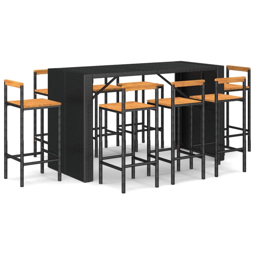 Set Bar Giardino 9 pz Nero Polyrattan e Legno Massello Acacia - homemem39