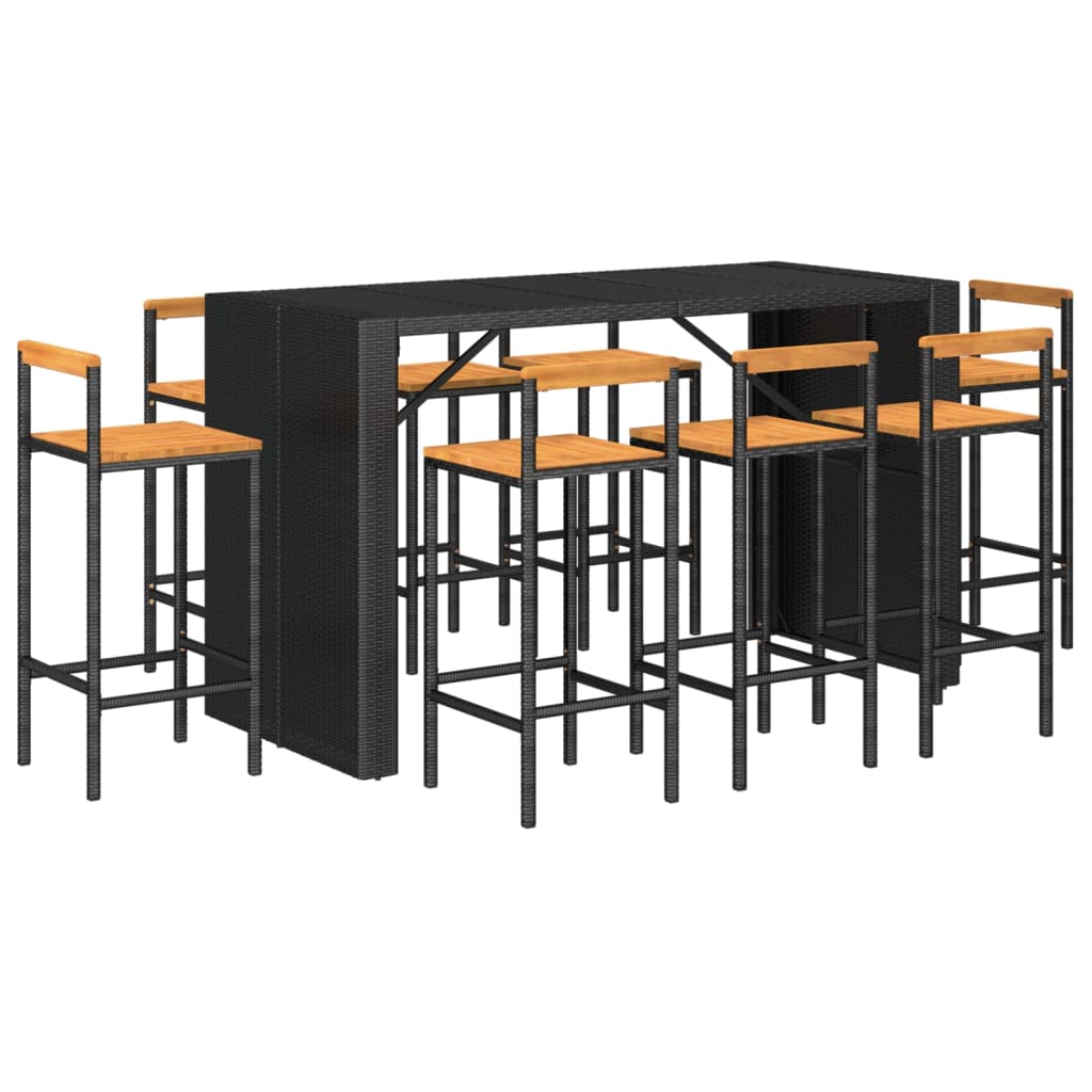 Set Bar Giardino 9 pz Nero Polyrattan e Legno Massello Acacia - homemem39