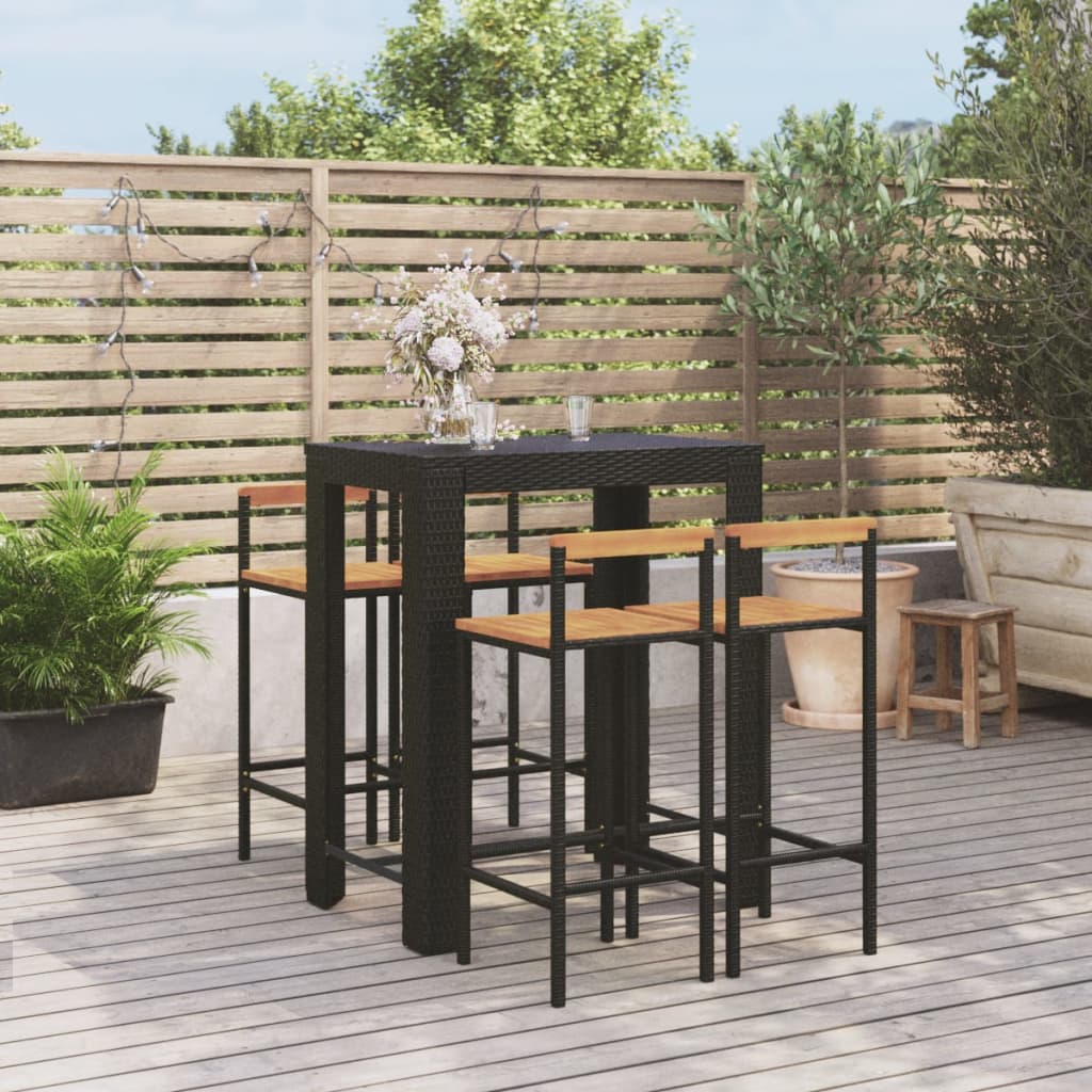 Set Bar Giardino 5 pz Nero Polyrattan e Legno Massello Acacia - homemem39