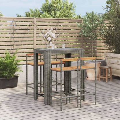 Set Bar Giardino 5pz Grigio Polyrattan e Legno Massello Acacia - homemem39